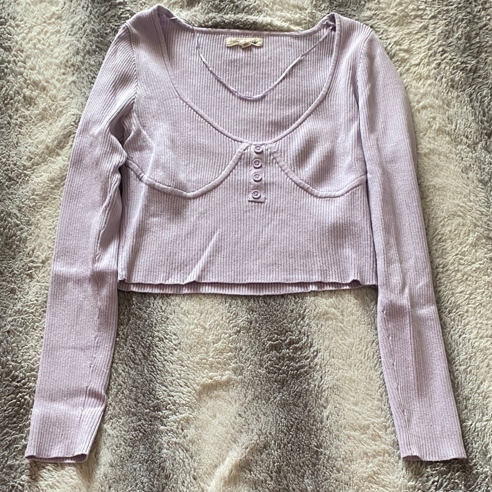 4/$30 Lilac Ribbed Long-Sleeve Crop Top with Button Detail
